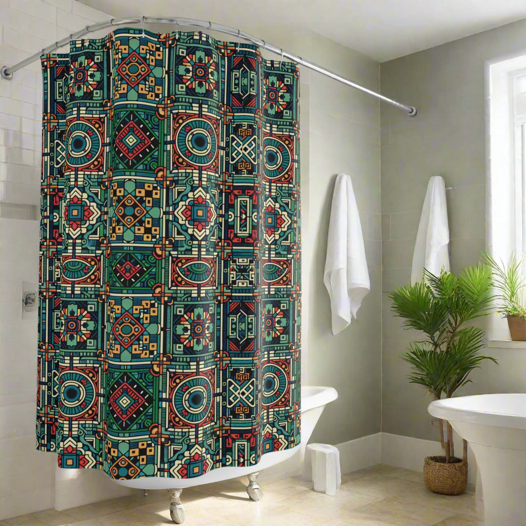 A colorful shower curtain with a geometric pattern featuring vibrant colors including green and red, with a retro and tribal influence.