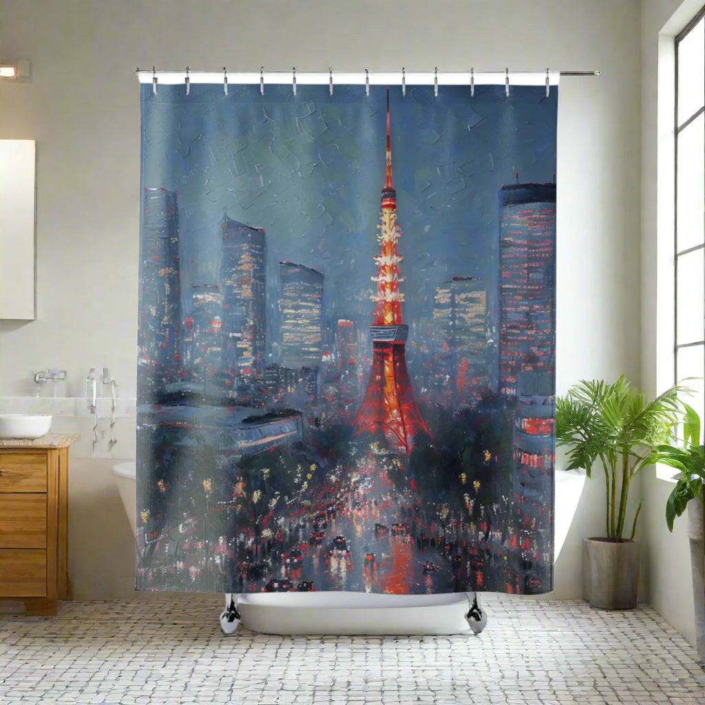 Japanese Tokyo Tower Shower Curtains, Cityscape Bathroom Decor, Urban Landscape Bath Curtain, Travel Lover Gift, Scenic Asia Art Home