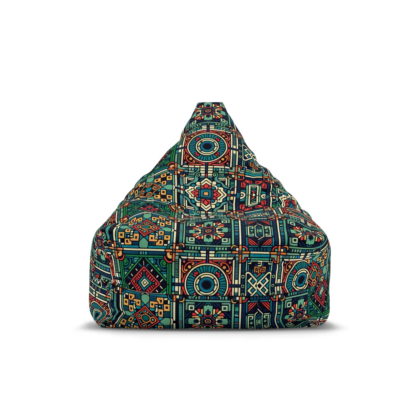 A multicolored geometric patterned bean bag chair cover.