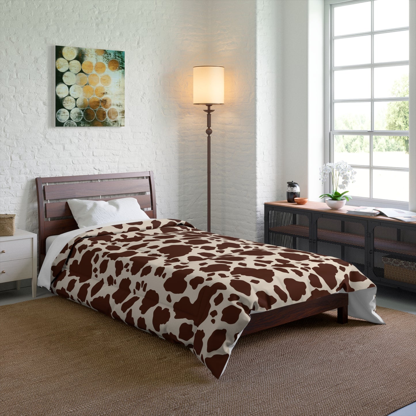 Cow Print Cozy Dorm Comforter in a soft aesthetic dorm room — soft natural lighting, warm layered styling by HomeStylesPlus