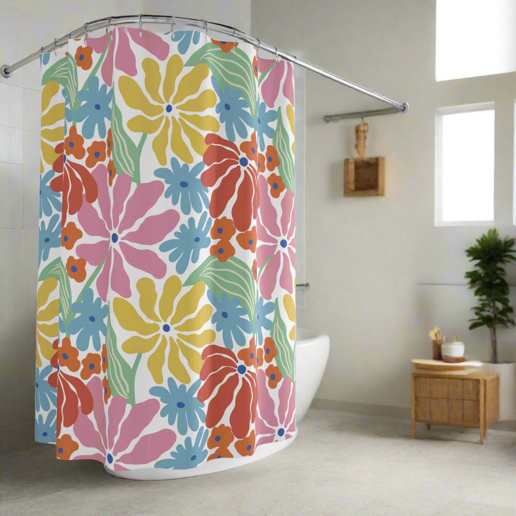 Retro 70s Bathroom Shower Curtain - Vintage Floral Design