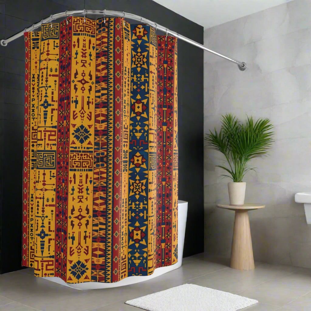 Mexican colorful soul shower curtains with retro ethnic fiesta tribal patterns in a modern bathroom setting