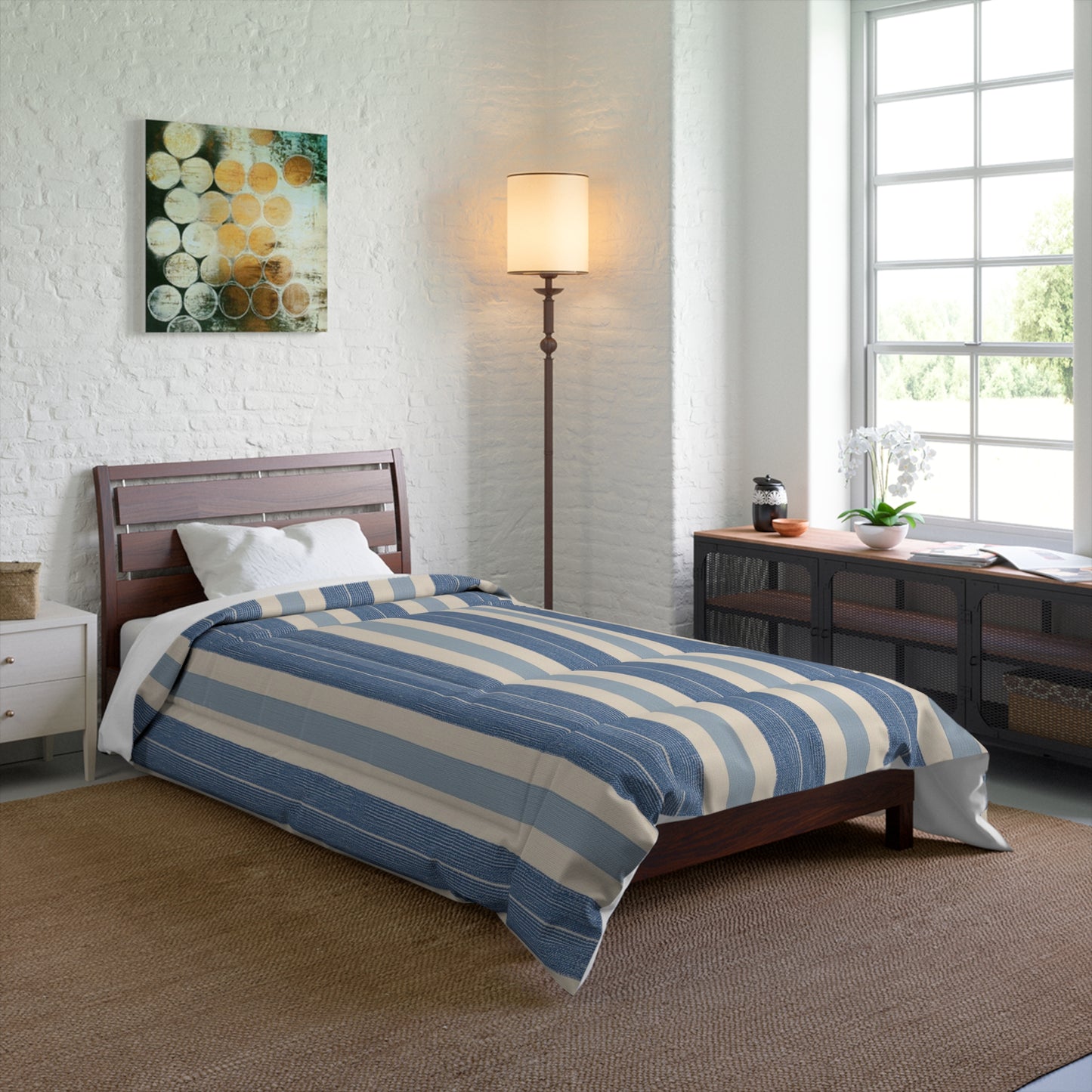 Blue White Striped Comforter in a soft aesthetic dorm room — soft natural lighting, warm layered styling by HomeStylesPlus