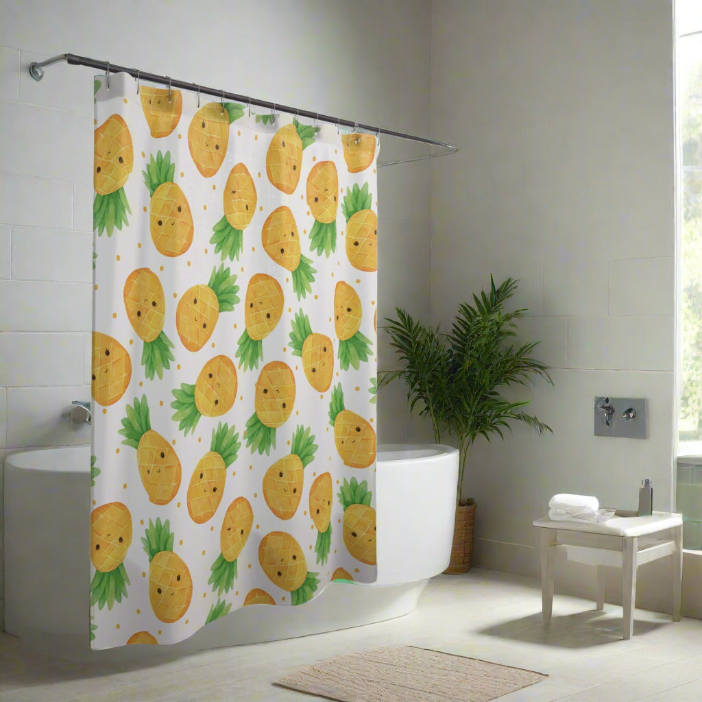 A shower curtain featuring a cute pineapple theme with colorful pineapple designs on a white background, displayed in a bathroom setting.