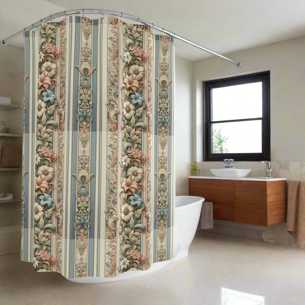 French Pattern Shower Curtain, Farmhouse Style Vintage Bathroom Decor, Rustic Bathroom Shower Curtains, Shabby Chic Bath Curtain, Elegant