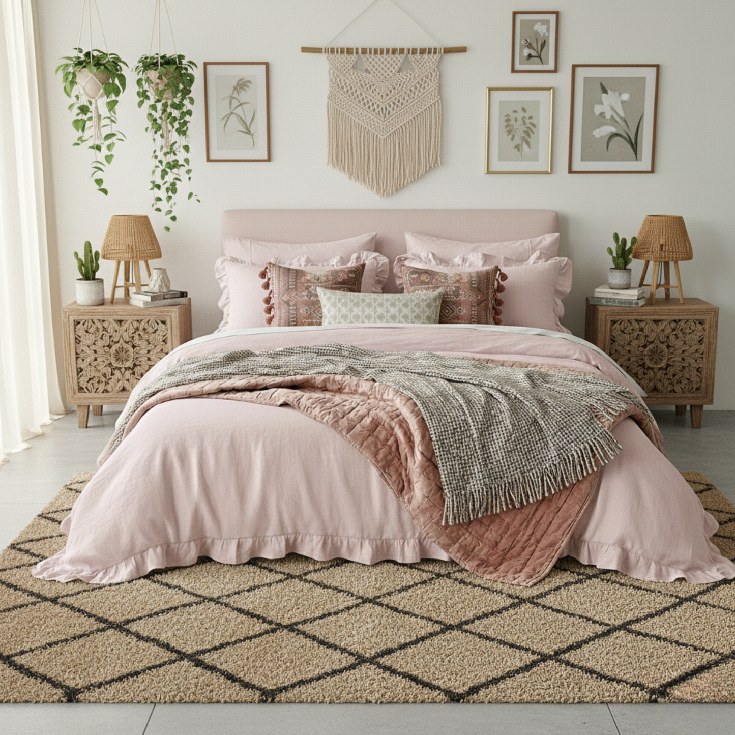 Blush Pink Rustic Farmhouse Ruffled Duvet Cover