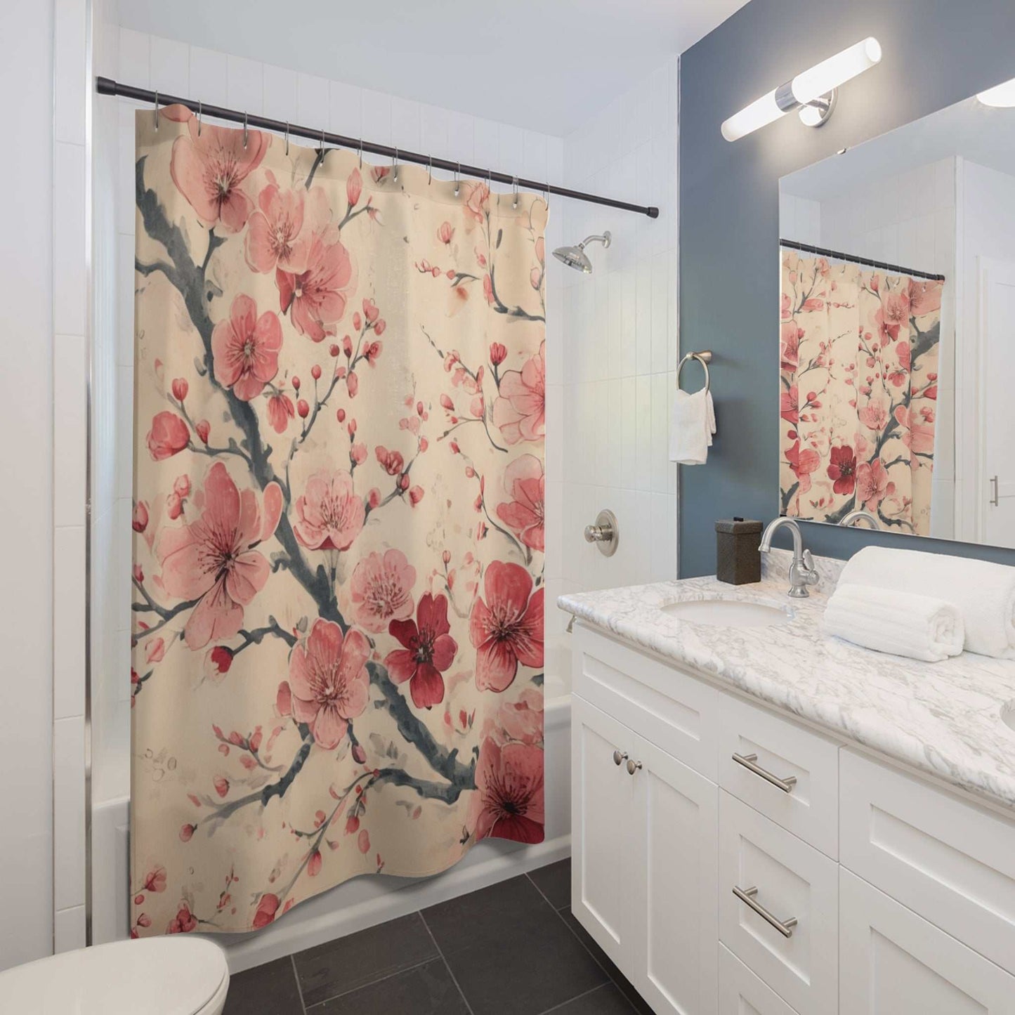 Sakura shower curtain with Japanese retro cherry blossom floral design in modern bathroom decor