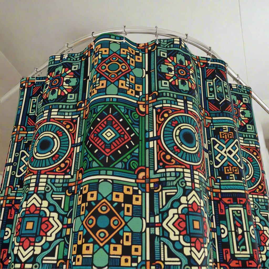 Mexican Colorful Soul Shower Curtains with vibrant ethnic tribal pattern in retro boho bathroom decor
