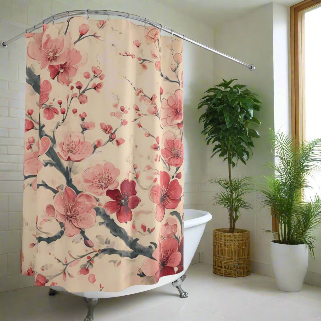 A colorful shower curtain with a geometric pattern featuring shades of yellow, red, blue, and brown, displayed in a bathroom setting.