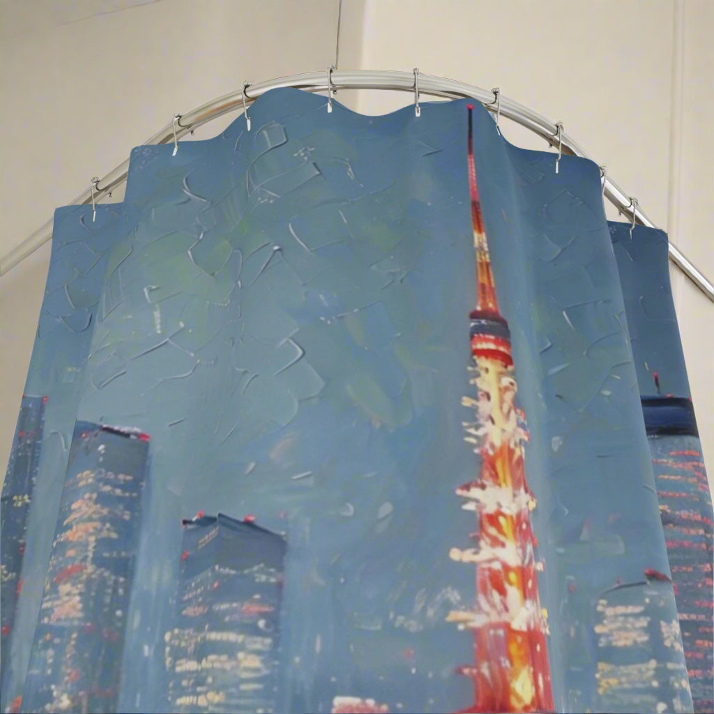 Tokyo Tower shower curtain featuring Japanese cityscape at night for urban bathroom decor