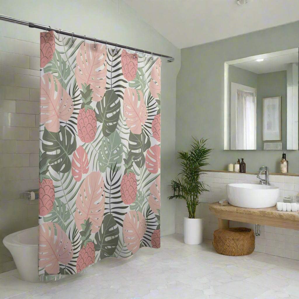 Retro fruit theme bathroom shower curtain with pink pineapples and tropical leaves in modern washroom setting