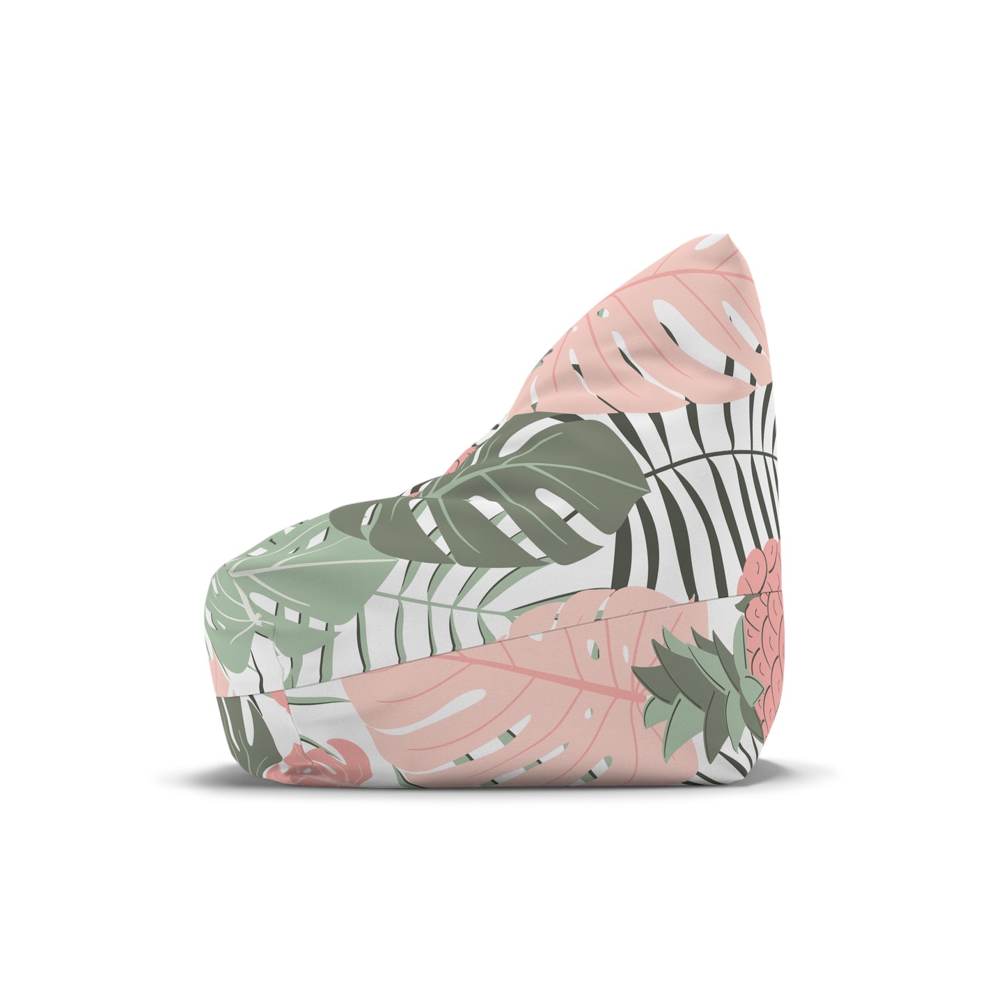 A triangular bean bag chair cover with a tropical print design, featuring pastel-colored leaves and pineapples.
