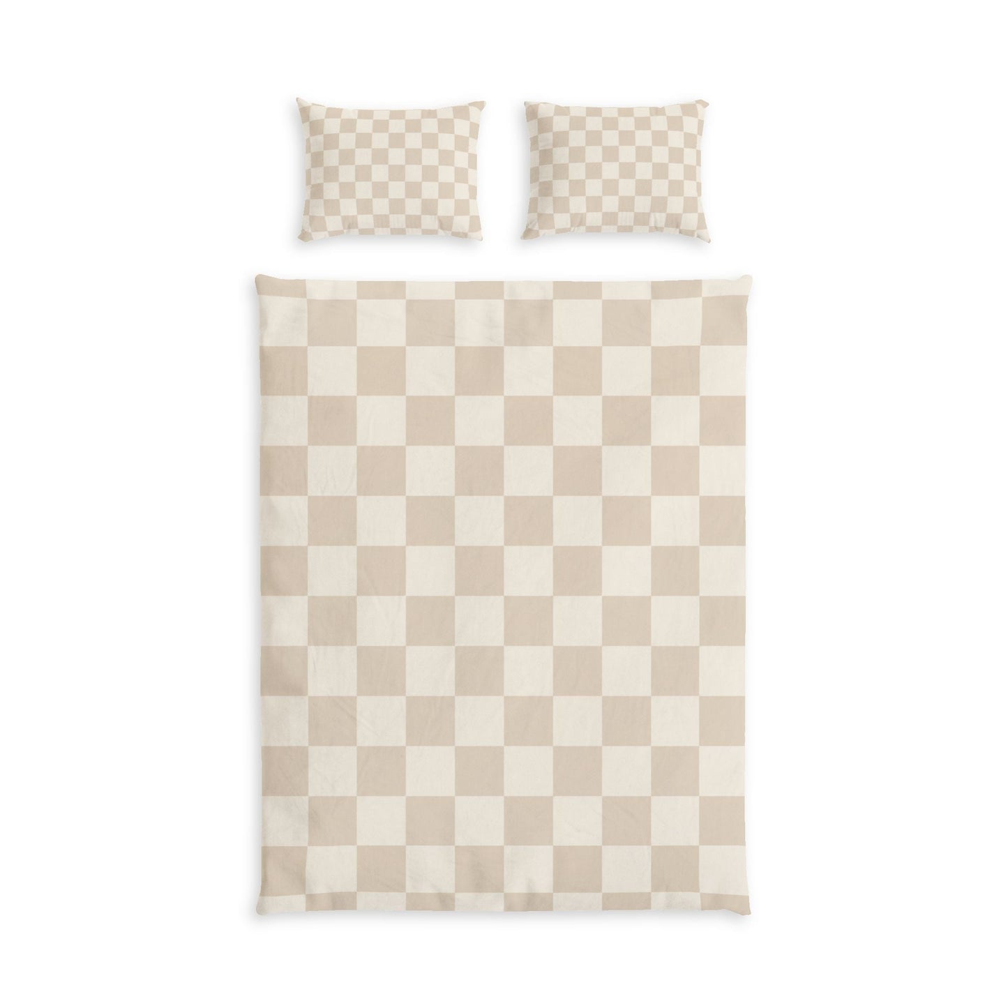 Beige checkerboard cotton bed set with neutral duvet cover and matching shams in a cozy, modern bedroom setting