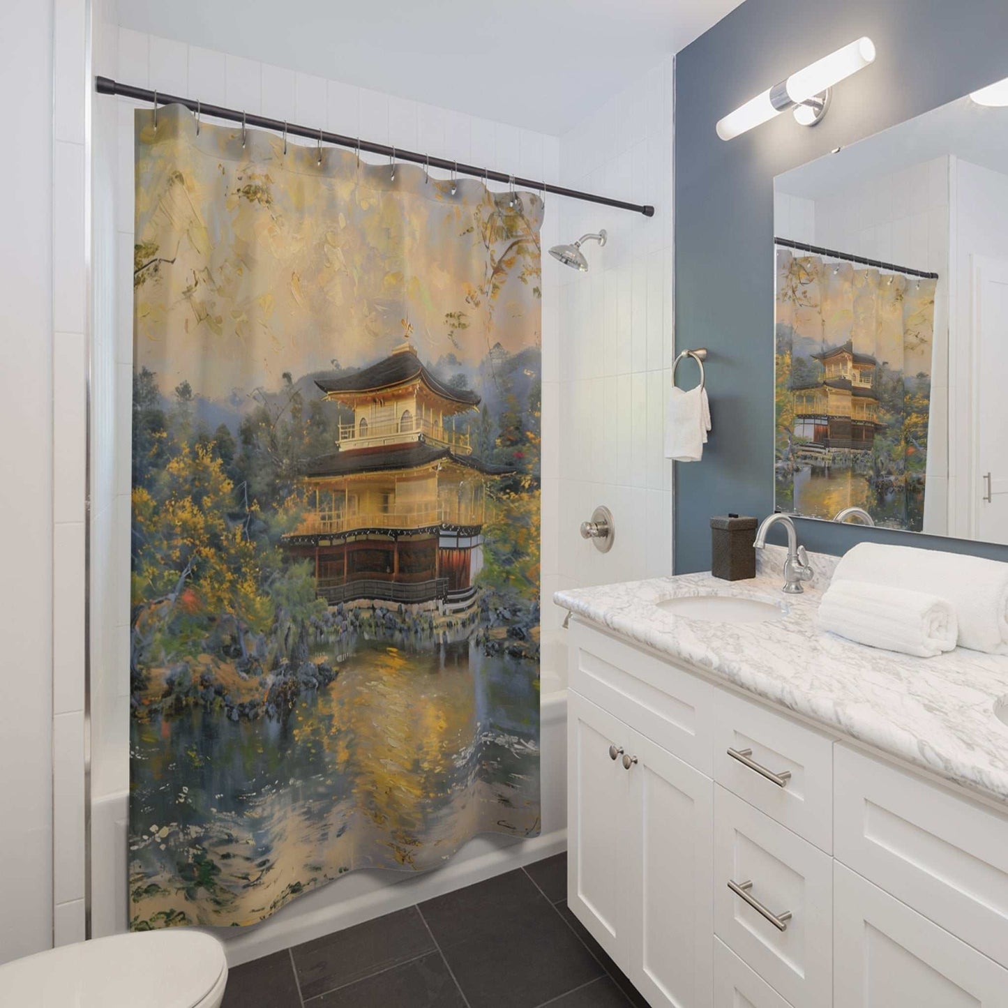 Kyoto Japan ancient gold temple shower curtain in modern bathroom decor