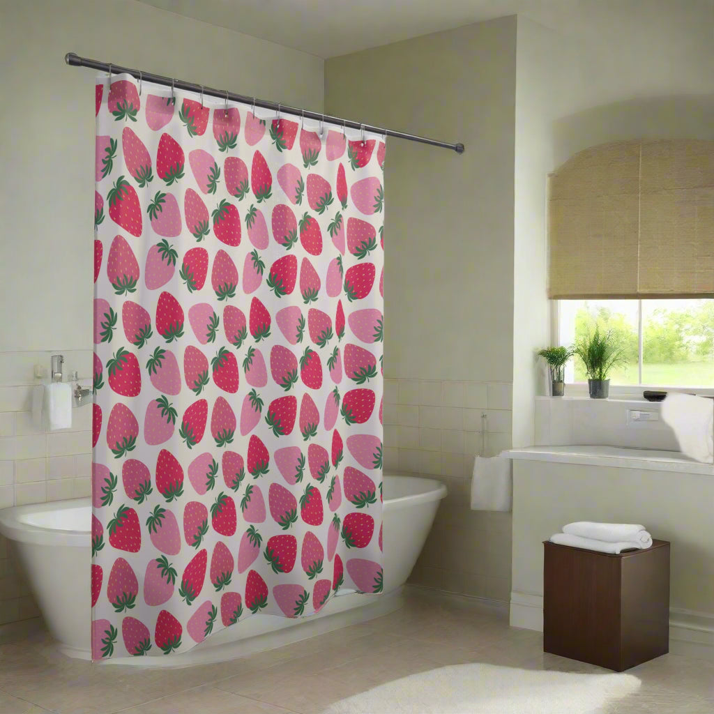 A colorful bathroom shower curtain with a fruit theme, displaying orange and pink fruit patterns against a white background, installed in a bathroom with a plant and a wooden stool in the background.