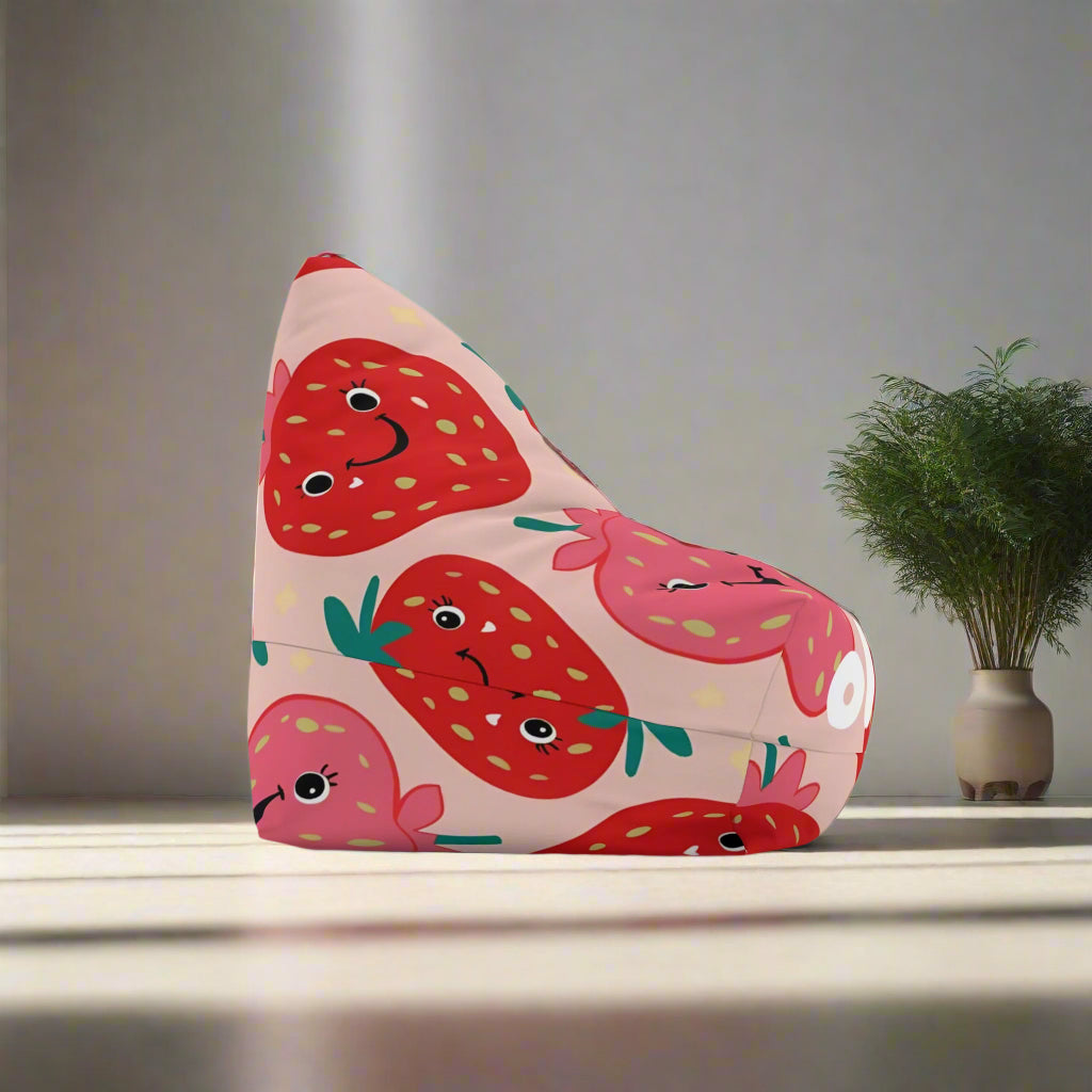 Personalized strawberry bean bag chair cover with cute strawberry faces and retro sunrise design for kids room decor