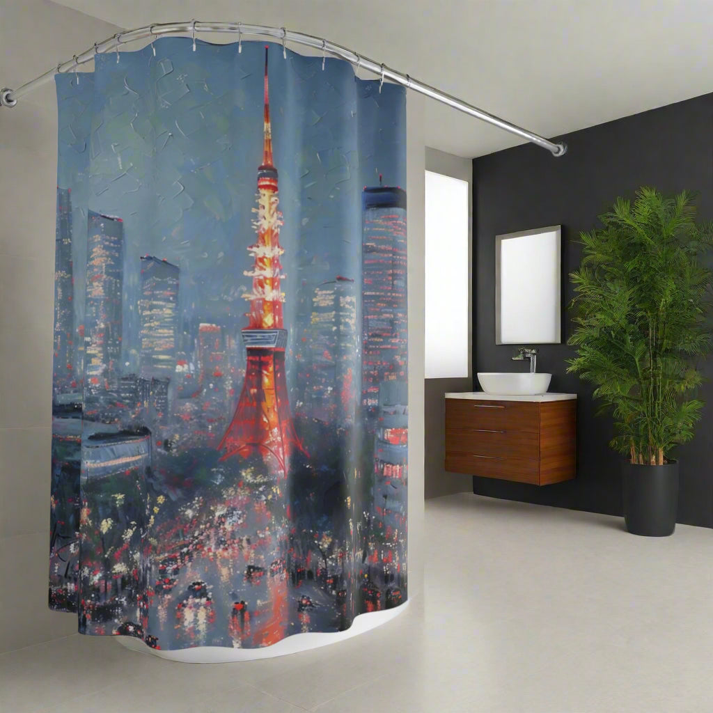 Japanese Tokyo Tower Shower Curtains, Cityscape Bathroom Decor, Urban Landscape Bath Curtain, Travel Lover Gift, Scenic Asia Art Home