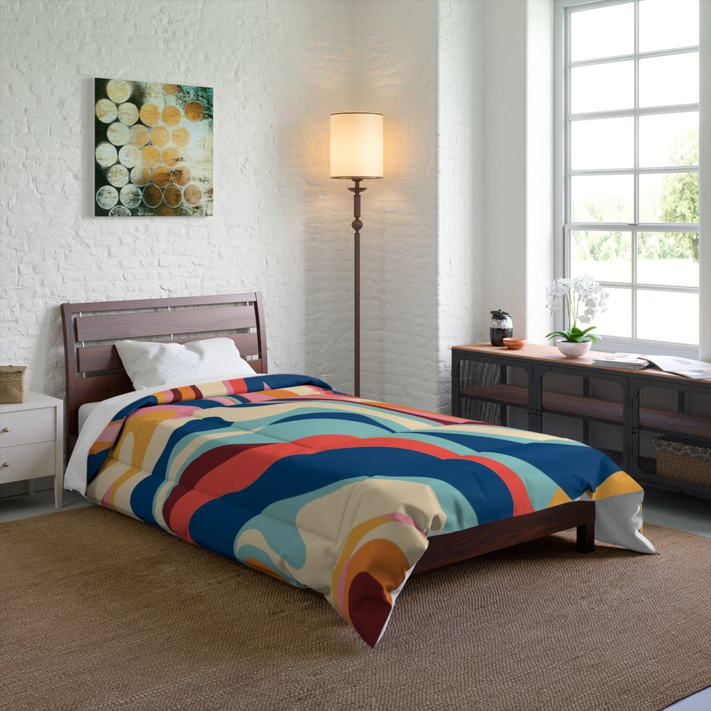 Cozy Dorm Aesthetic Comforter in a soft aesthetic dorm room — soft natural lighting, warm layered styling by HomeStylesPlus
