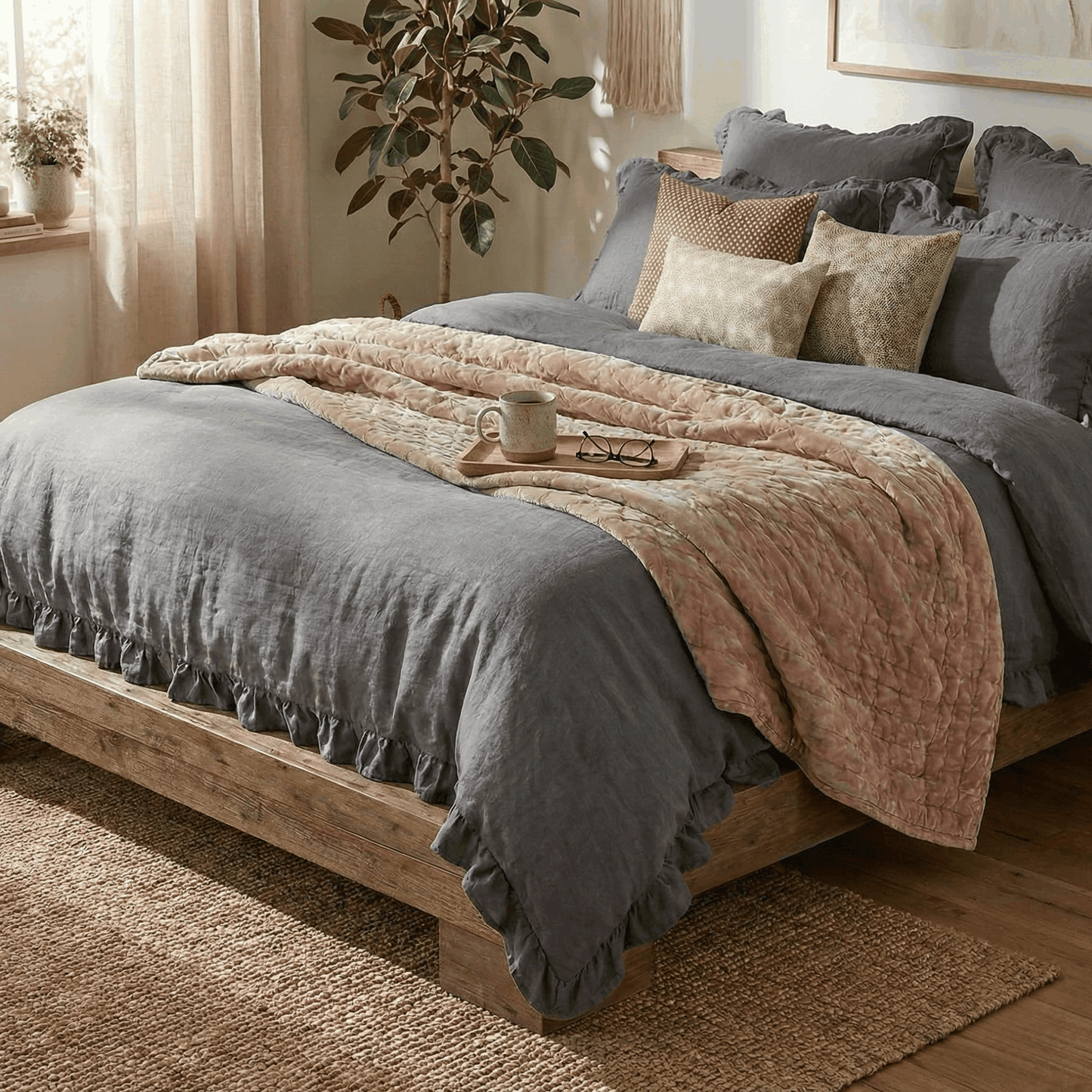 Dark grey rustic farmhouse ruffled duvet cover set on bed with cozy farmhouse decor