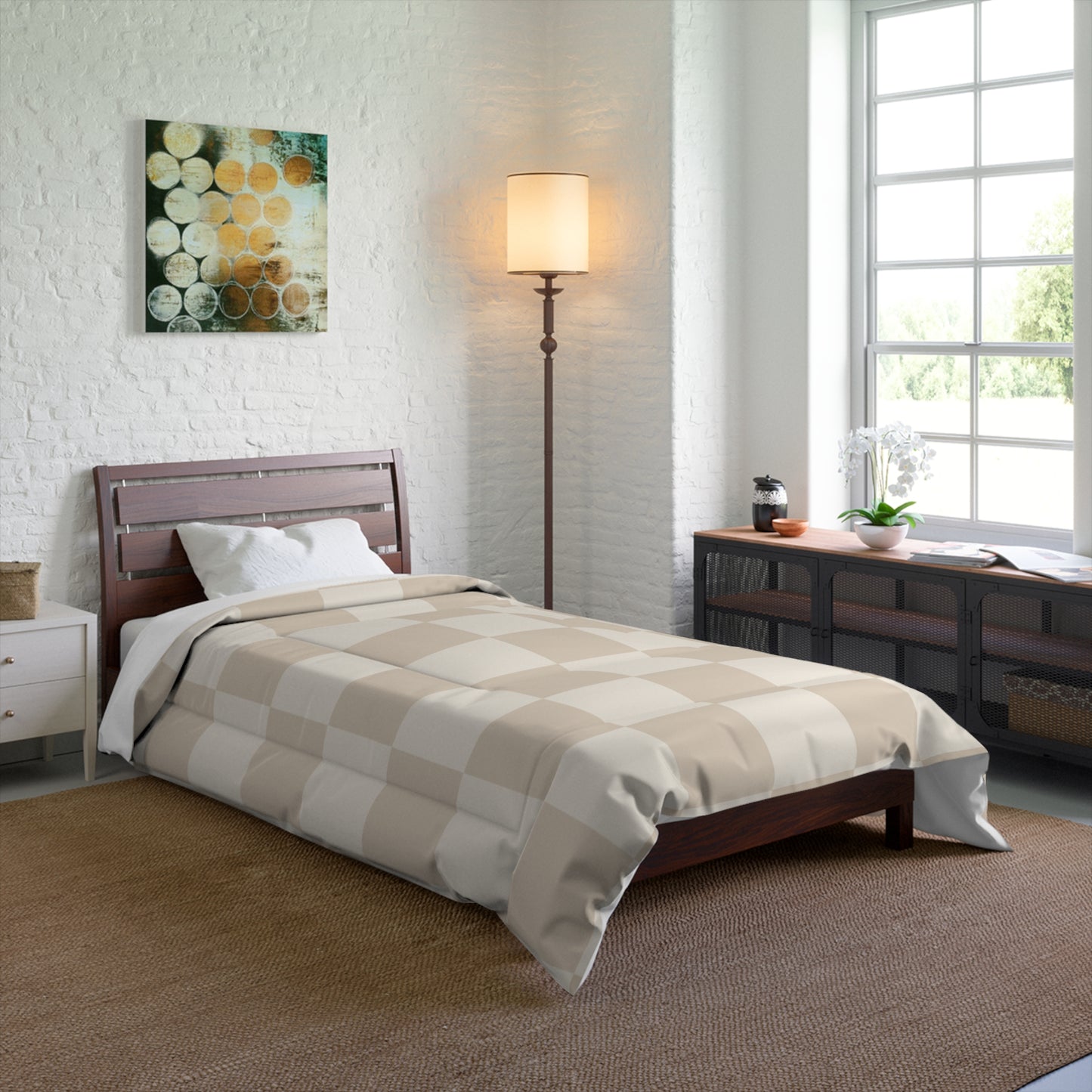 Cream Beige Checker Comforter in a soft aesthetic dorm room — soft natural lighting, warm layered styling by HomeStylesPlus