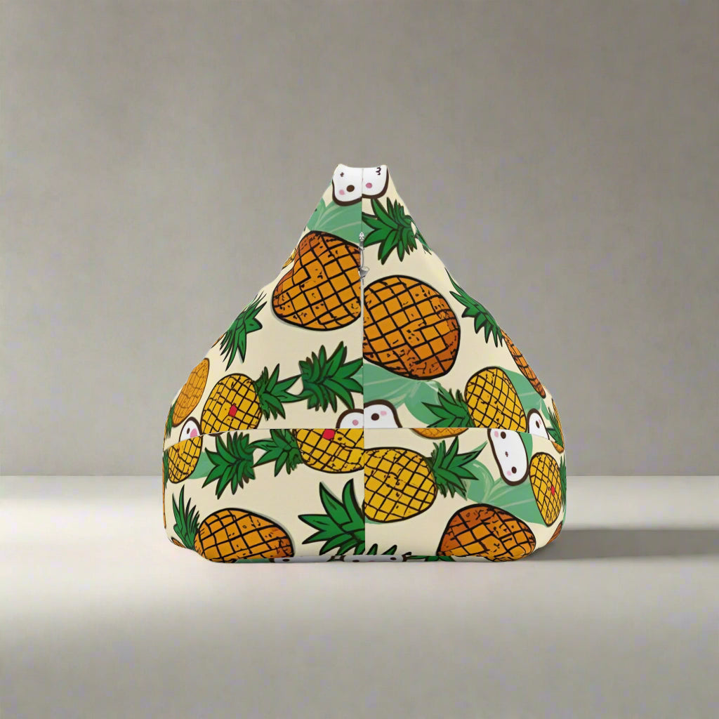 A triangular-shaped bean bag cover with a retro sunrise design featuring pineapples and cute characters, placed in a room setting.
