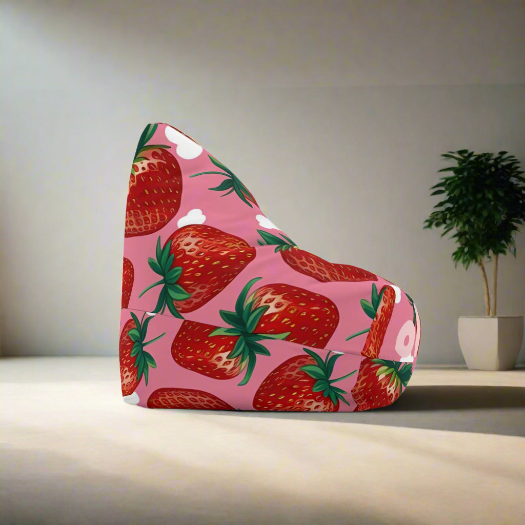 Personalized strawberry bean bag chair cover with retro strawberry print and custom name option for kids room decor and gifts