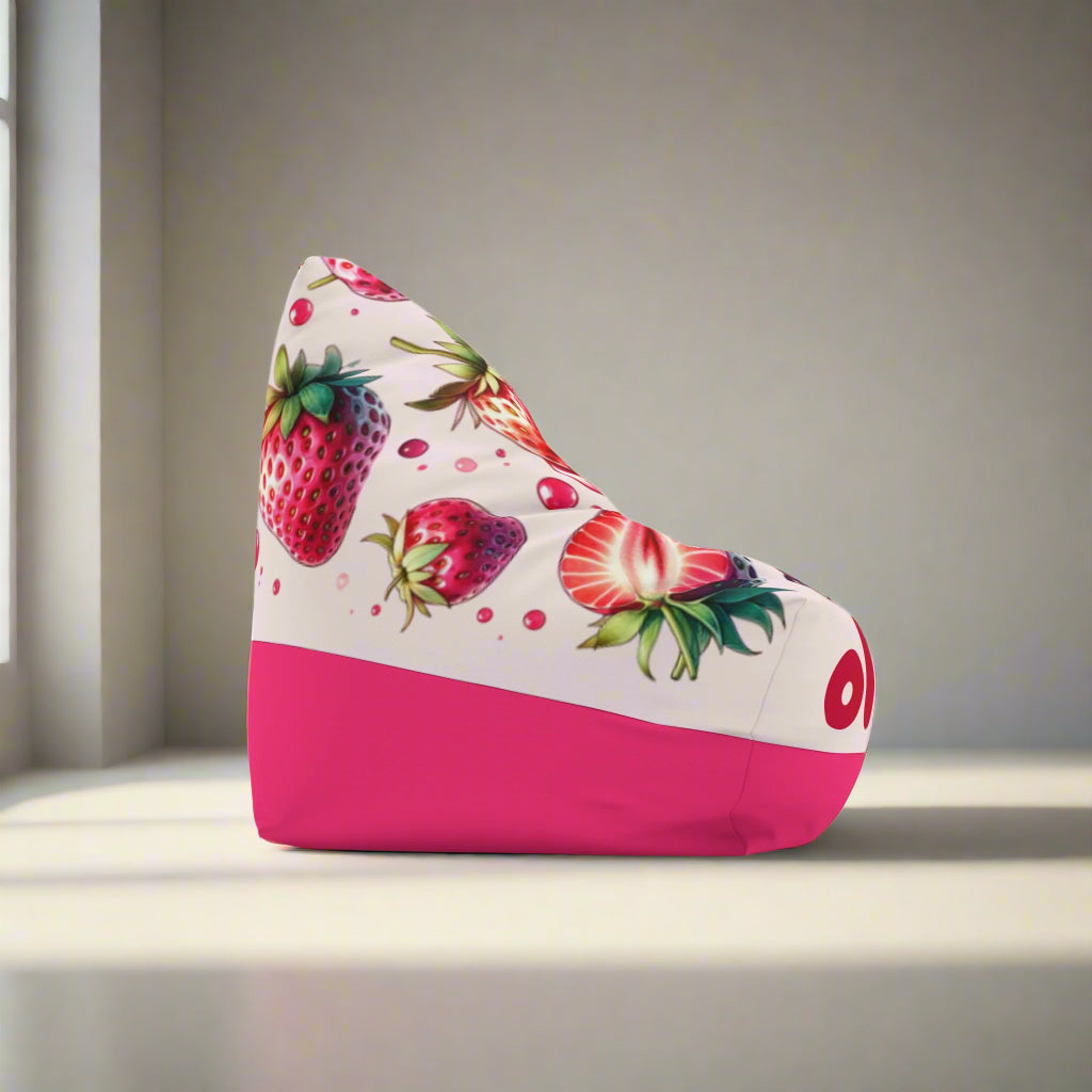 Personalized strawberry print bean bag chair cover with pink base for kids and teens room decor