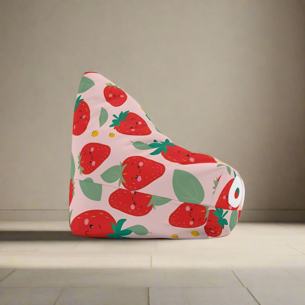 Personalized strawberry bean bag chair cover with custom name and cute berry design for kids room decor