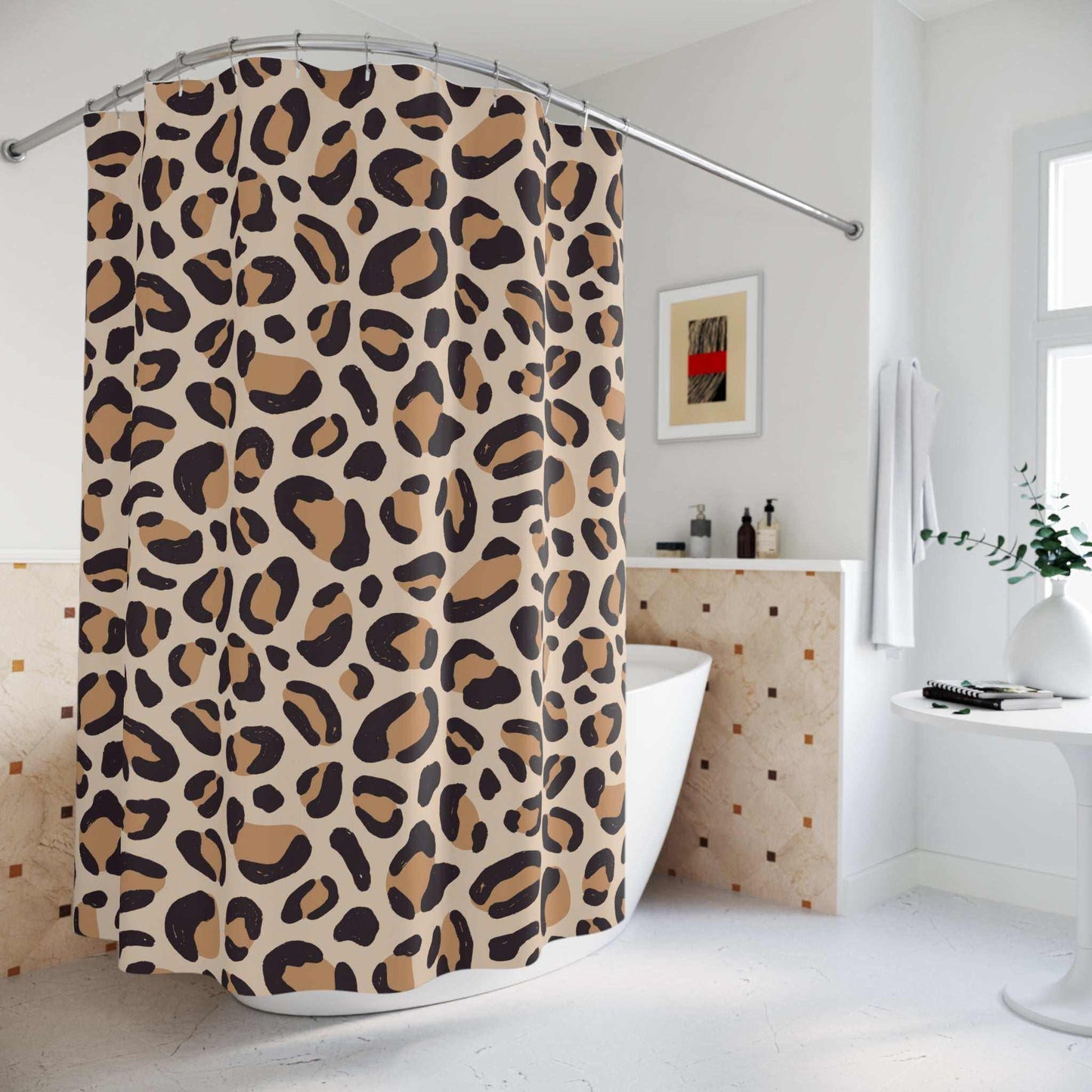 Retro Leopard Shower Curtains - Hom in a cozy cottagecore bedroom — soft natural lighting, warm layered styling by HomeStyles