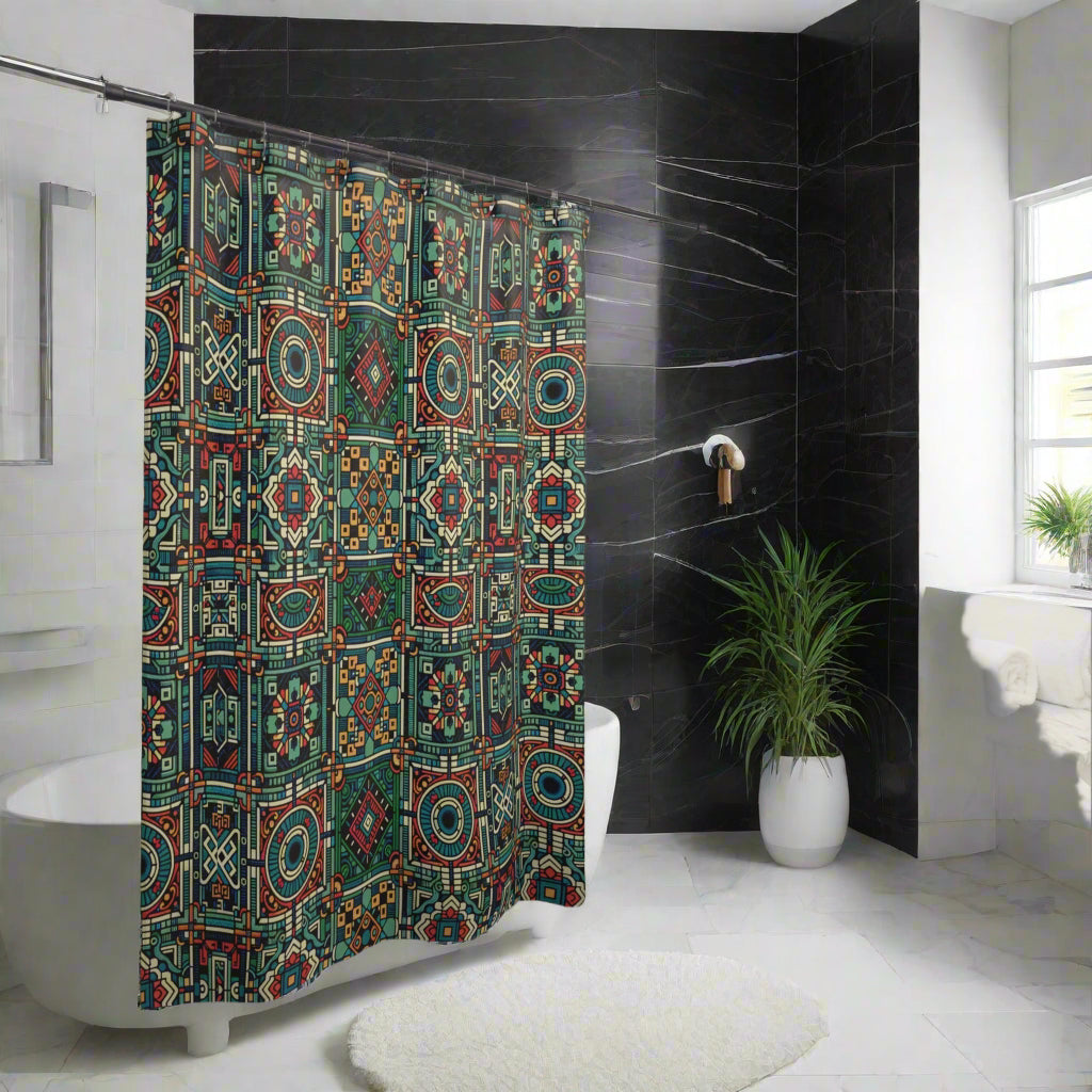 A colorful shower curtain with a geometric pattern featuring vibrant colors including green and red, with a retro and tribal influence.