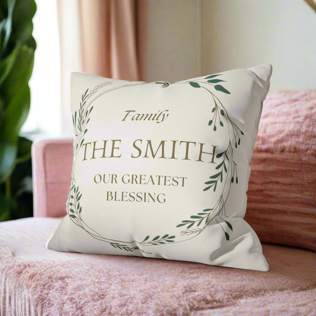 Custom Family Name Gift beige faux suede cushion cover with personalized text and decorative leaf design for home decor