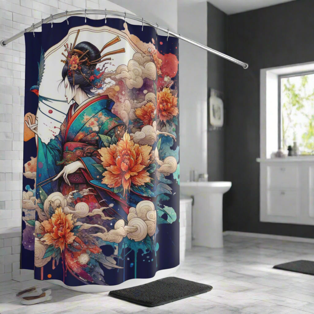 Japanese Kimono Geisha retro fabric shower curtain with traditional Asian design in modern bathroom