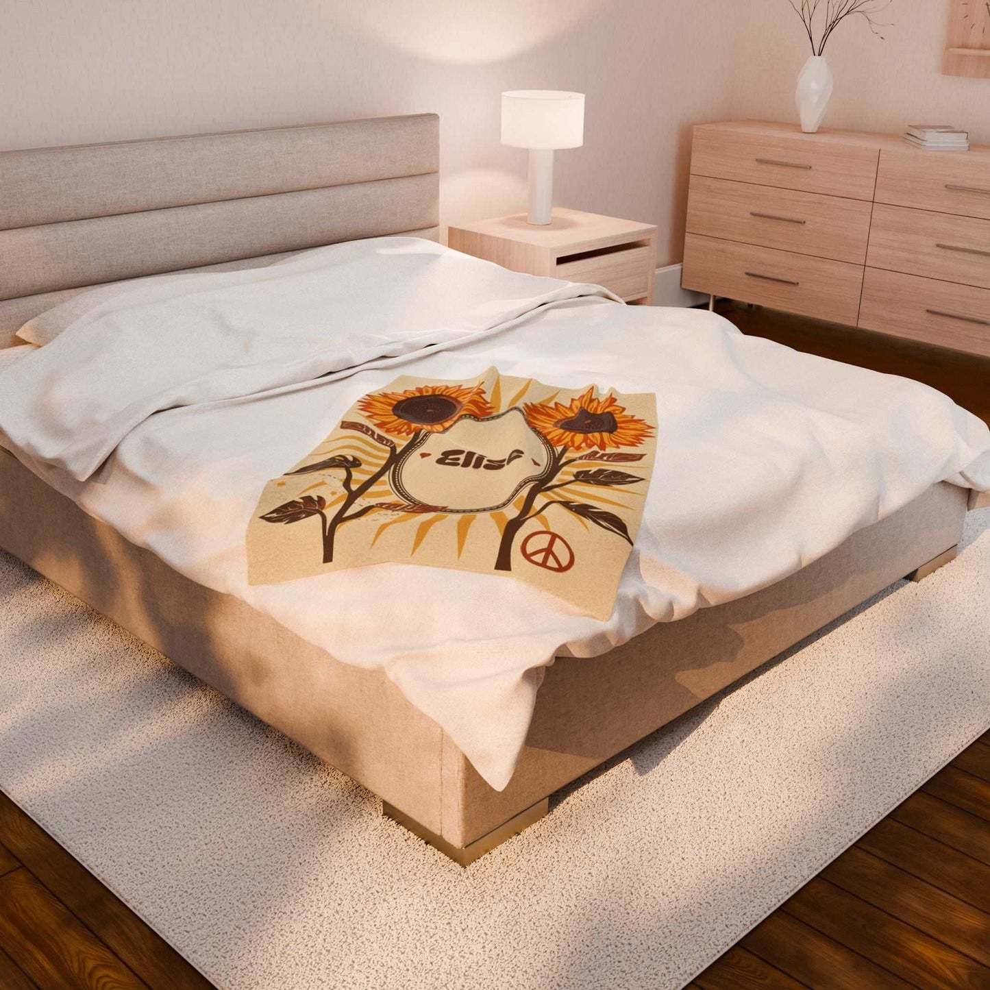 Personalized velveteen plush blanket with custom sunflower and heart design on bed in cozy modern bedroom