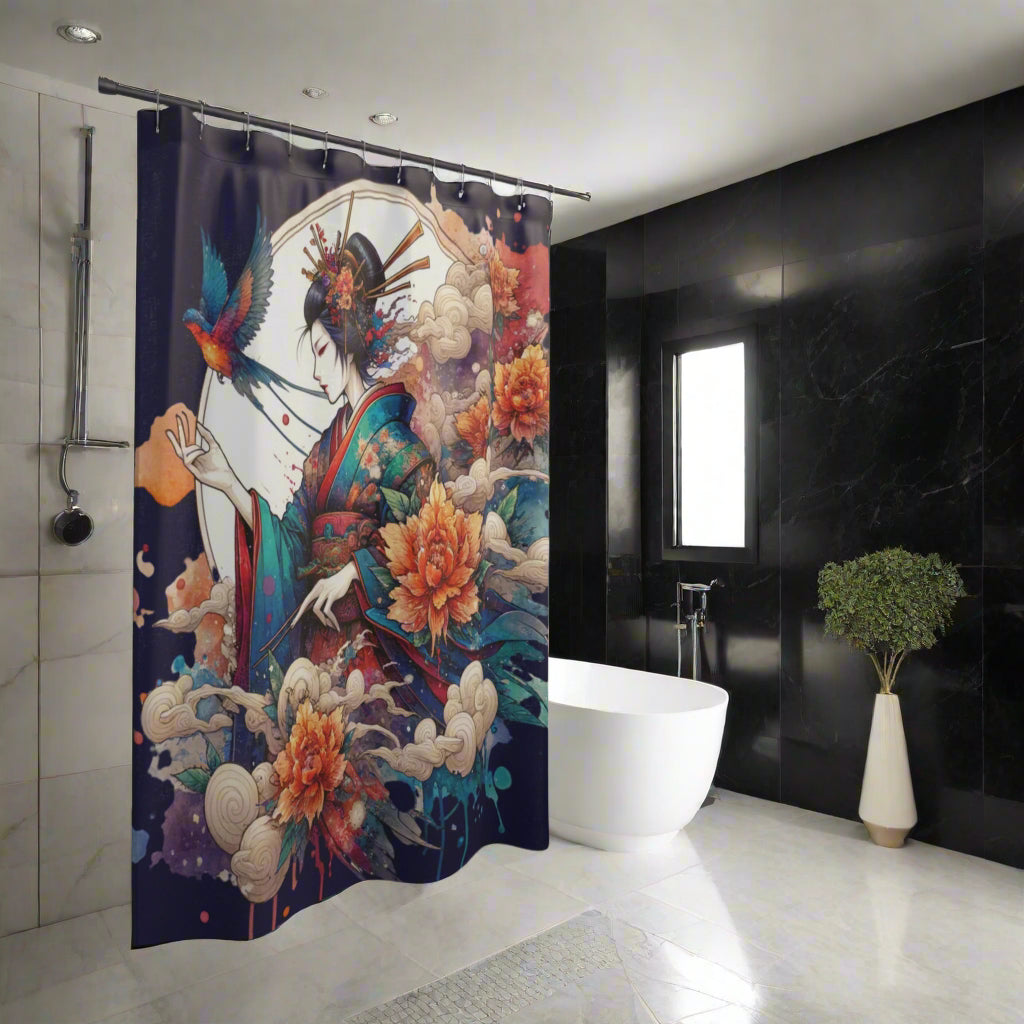 Japanese Kimono Geisya Retro Shower Curtain - Oriental Bathroom Decor, Fabric Bath Curtain, Asian Inspired Home Accessory, Traditional Style