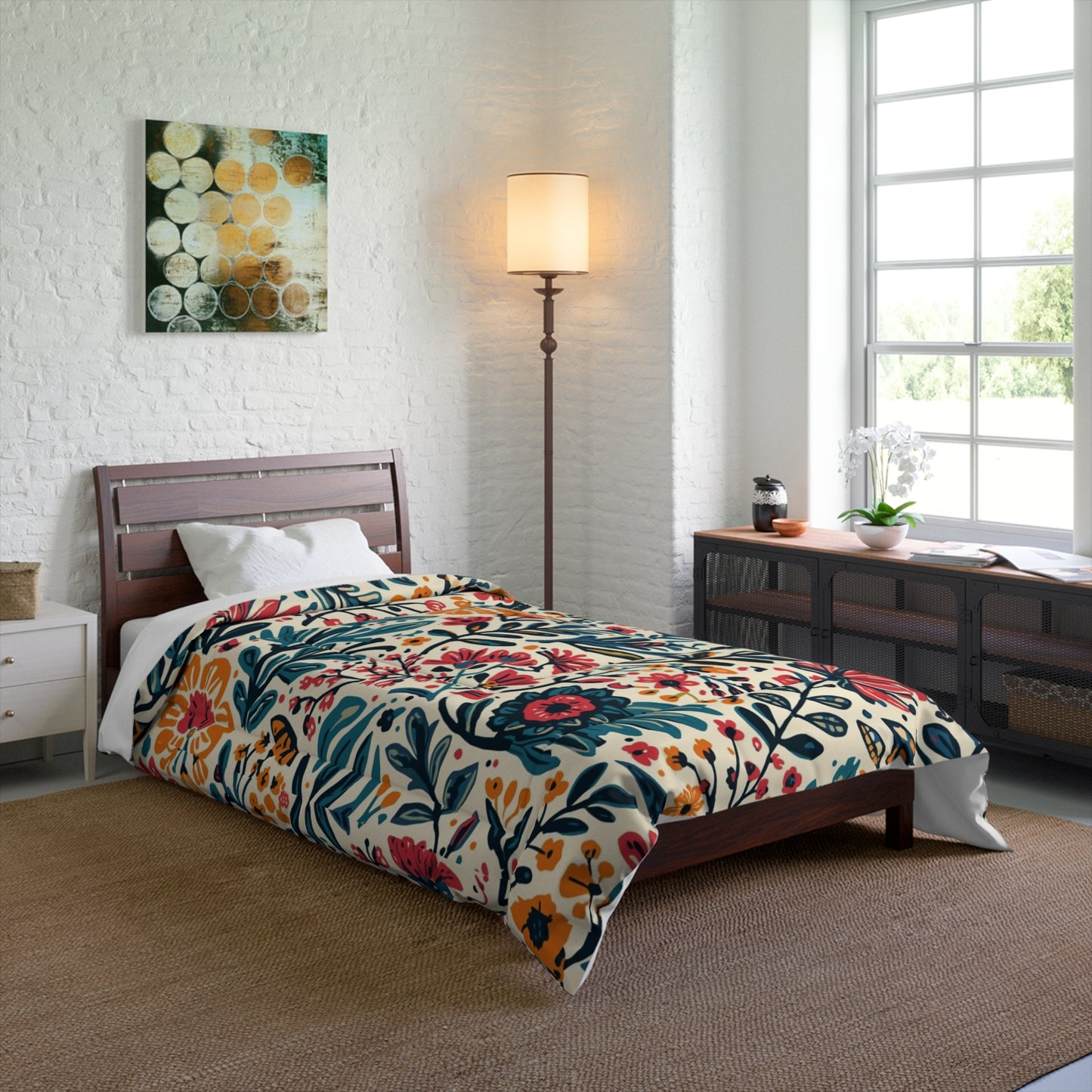 Cozy Boho Dorm Comforter, Twin XL C in a soft aesthetic dorm room — soft natural lighting, warm layered styling by HomeStyles