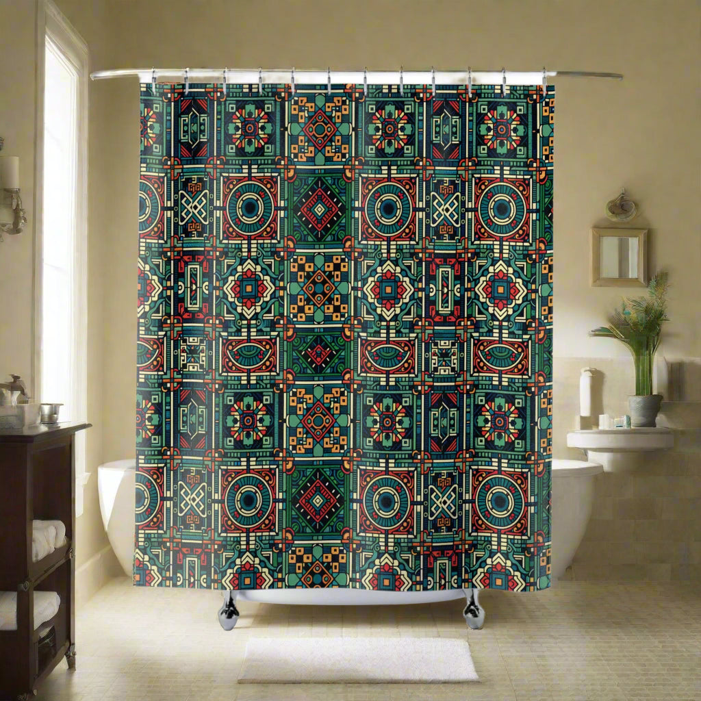 A colorful shower curtain with a geometric pattern featuring vibrant colors including green and red, with a retro and tribal influence.