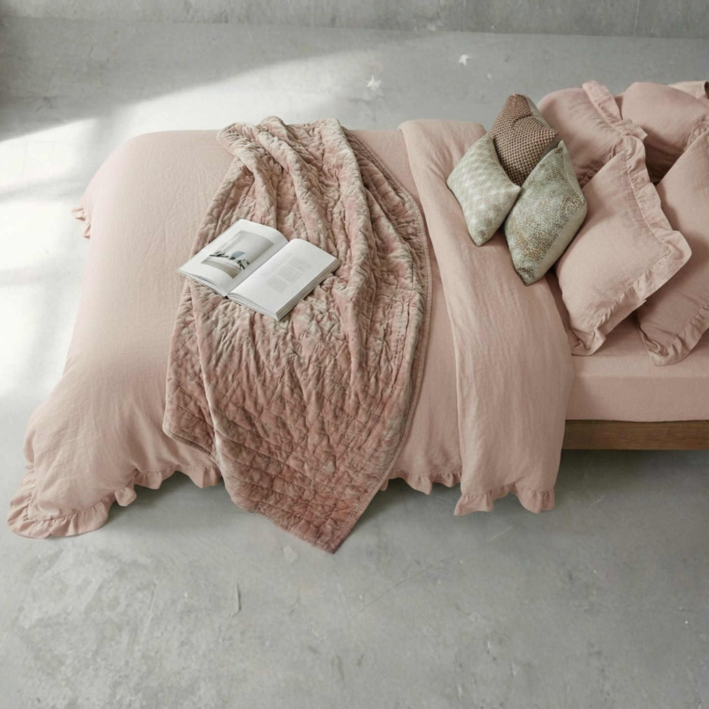 Blush Pink Washed Cotton Ruffled Duvet Set - Shabby Chic Romantic