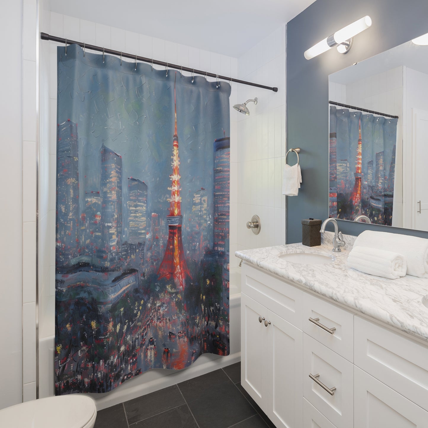 Japanese Tokyo Tower Shower Curtains, Cityscape Bathroom Decor, Urban Landscape Bath Curtain, Travel Lover Gift, Scenic Asia Art Home