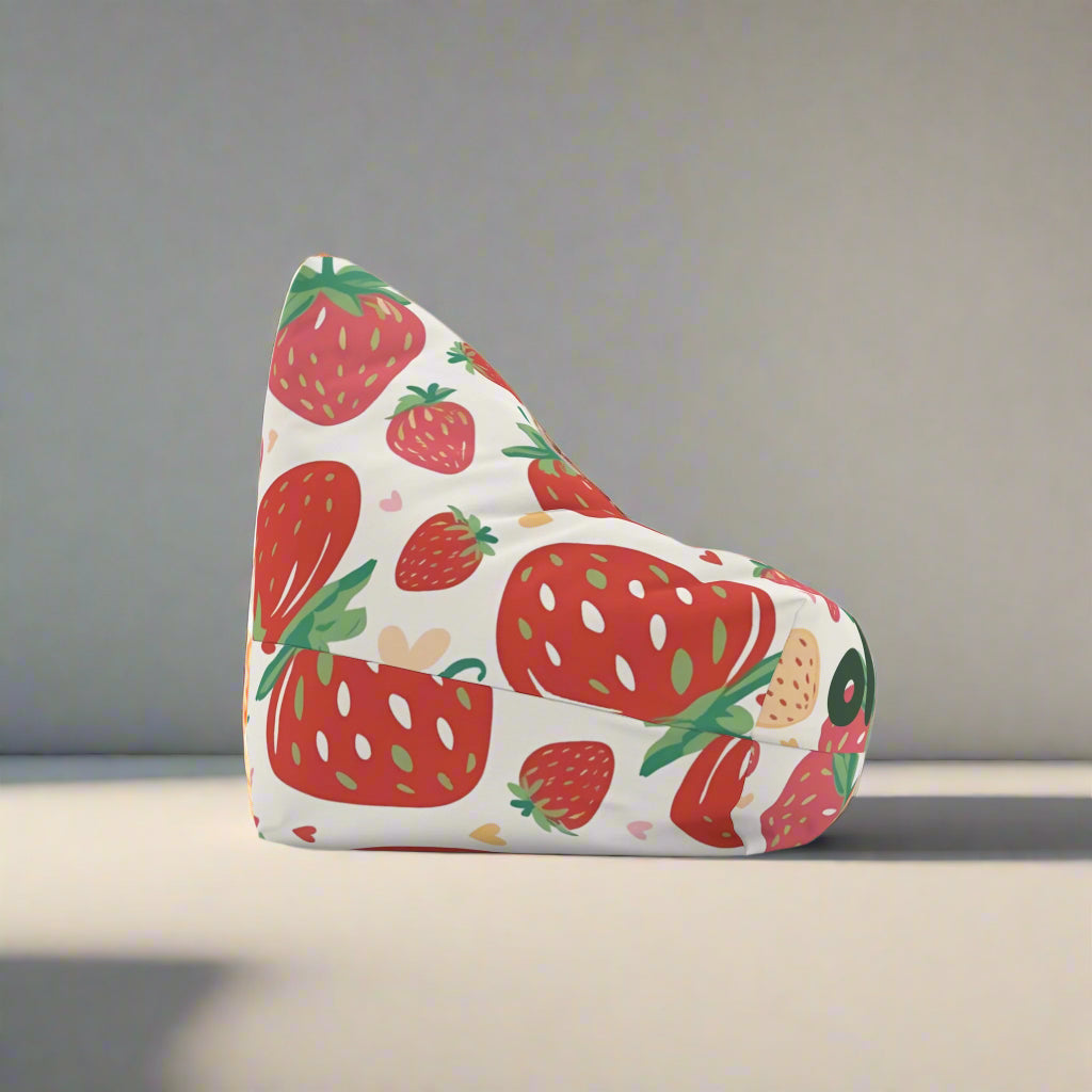 Personalized strawberry bean bag chair cover with custom name, kids room and nursery decor, 100% polyester, secure zipper closure