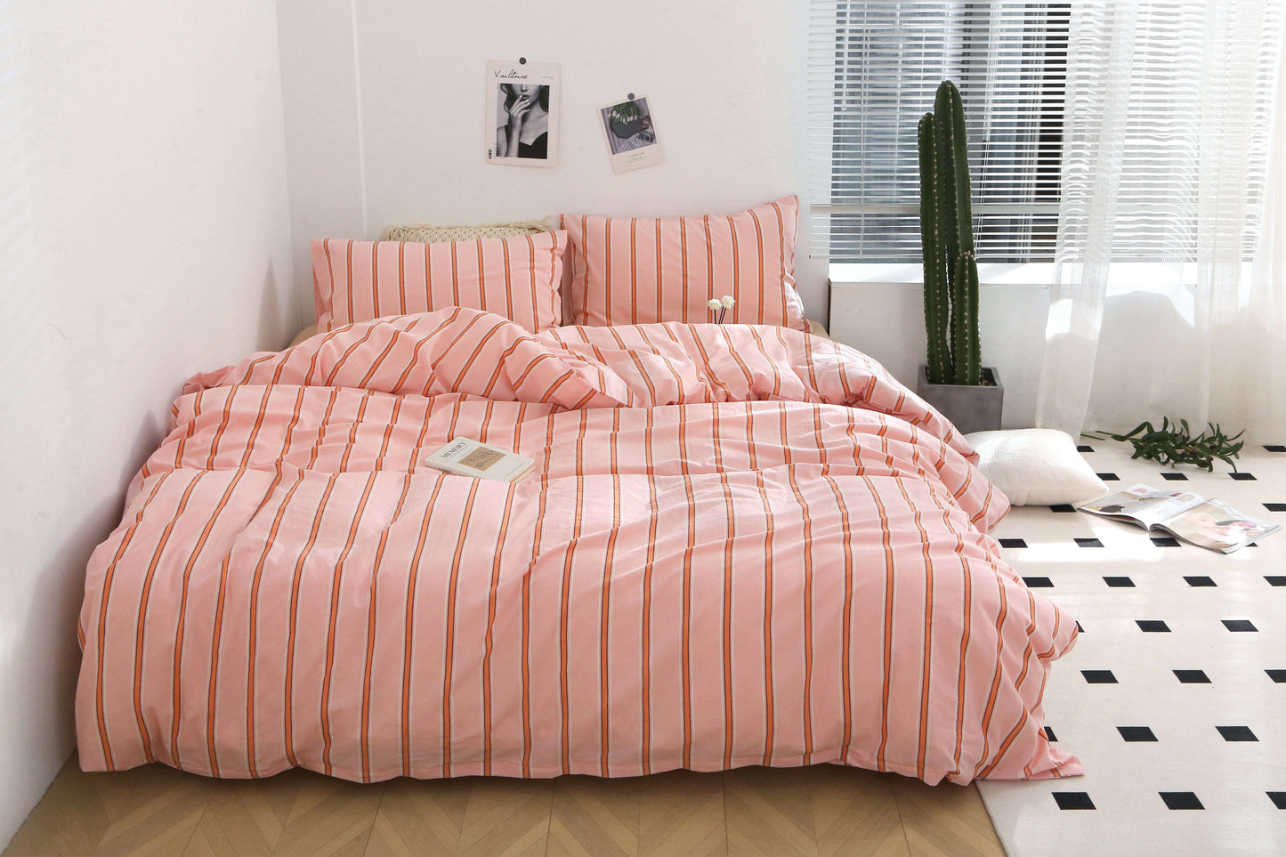 Pink Stripe Washed Cotton Bedding Set