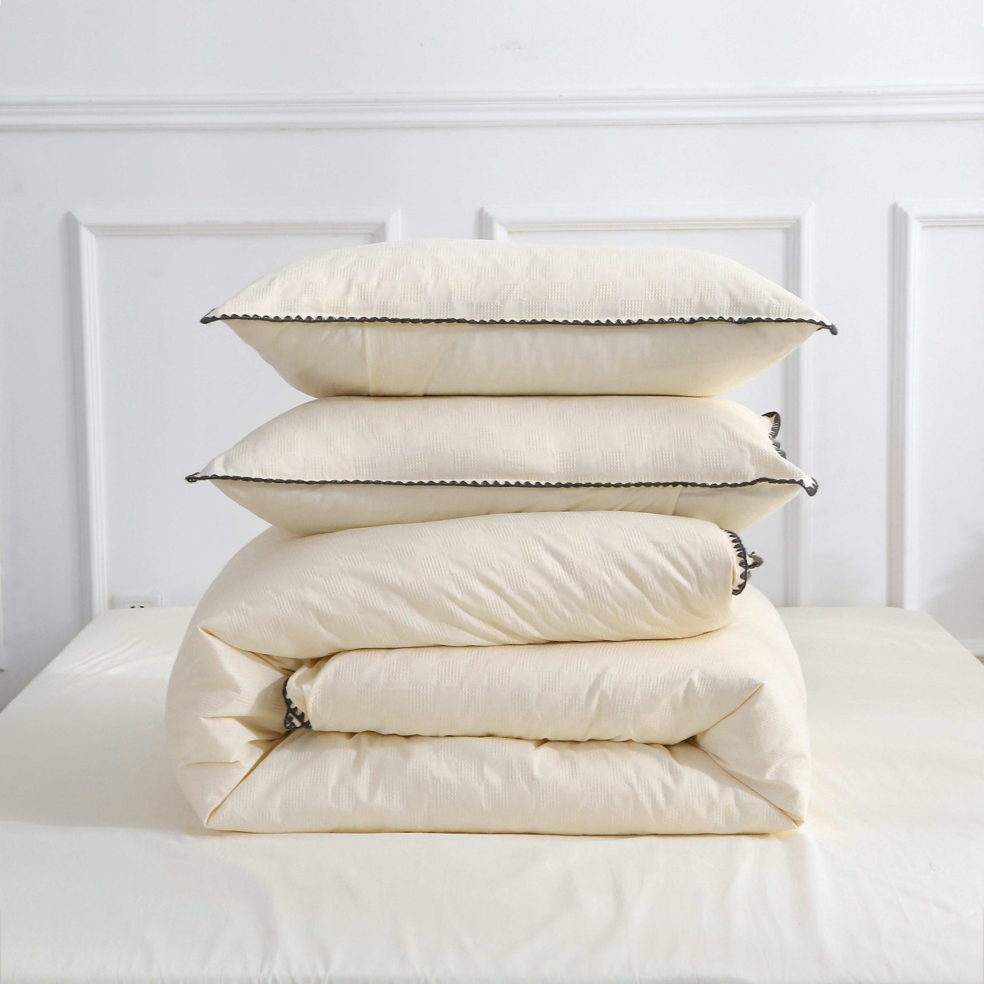 French Vintage Cream White Duvet Cover Set - elegant bedding with waffle pattern, includes duvet cover, bed sheet, and pillowcases.