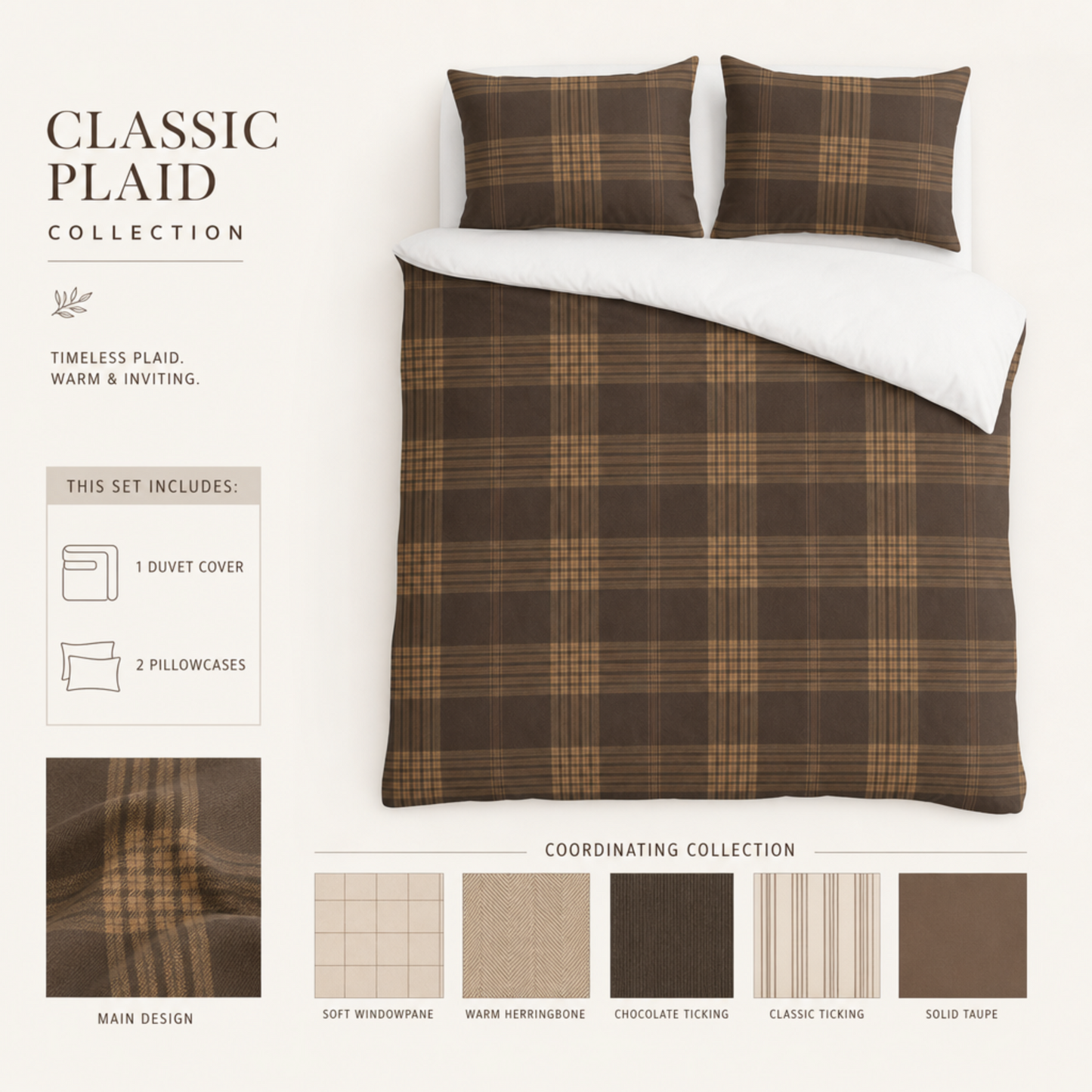 Brown Plaid College Dorm Twin XL Cotton Bed Set Duvet Cover Pillowcases