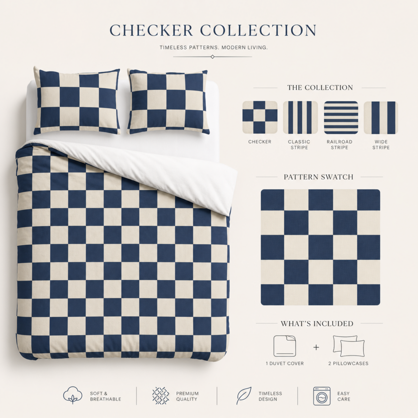 Navy Checkerboard Cotton Bed Set, Duvet Cover Pillowcases