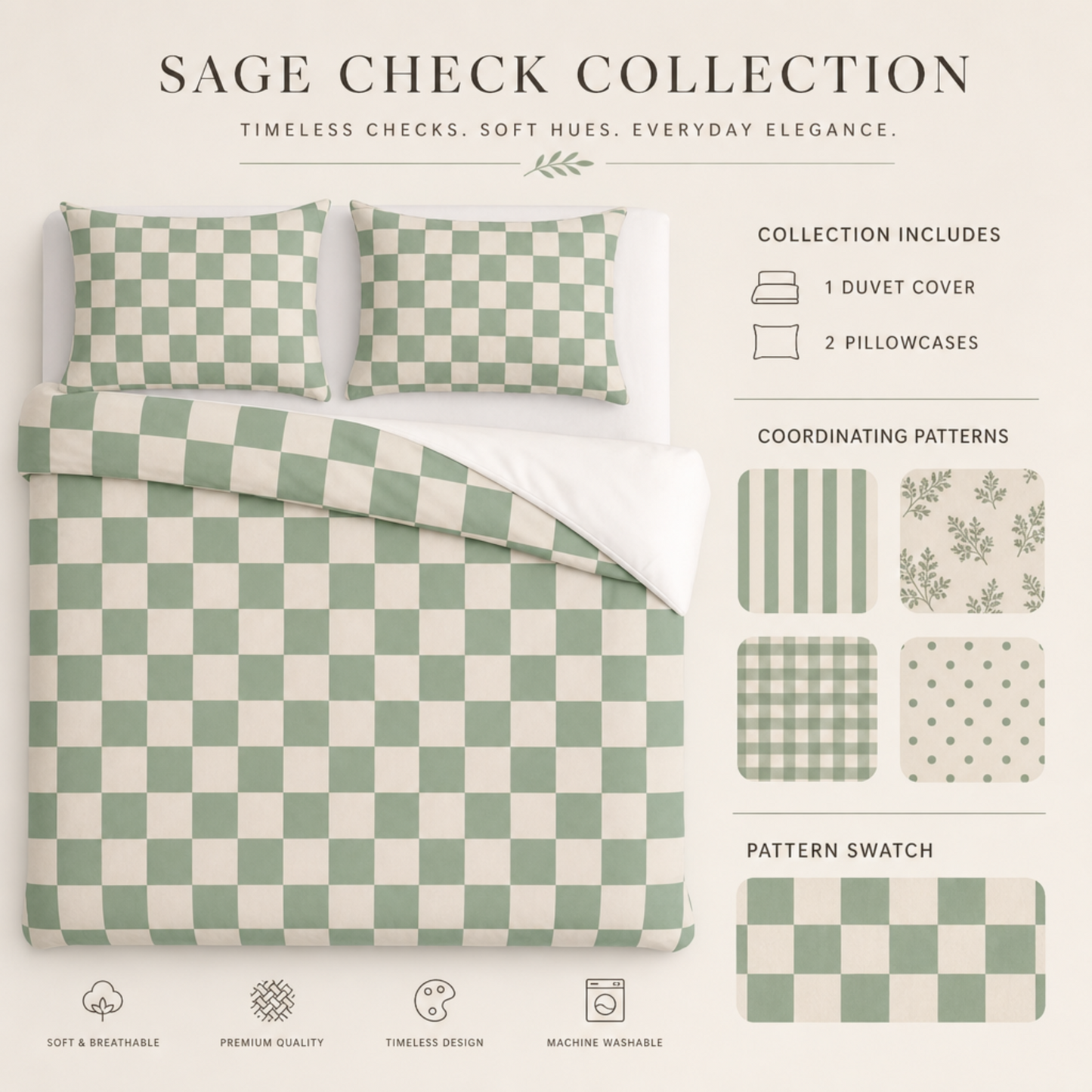 Sage Green Checkerboard Bed Set | Cotton Duvet Cover Pillowcases