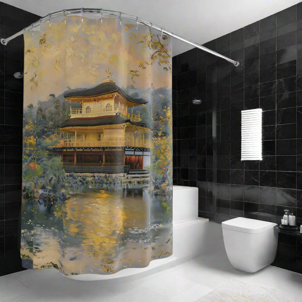 A shower curtain featuring a printed image of an ancient gold temple in Kyoto, Japan, set against a bathroom backdrop with black tiles.