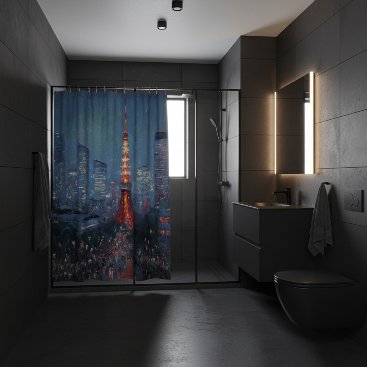 Tokyo Tower Shower Curtain in a kawaii aesthetic bedroom — soft natural lighting, warm layered styling by HomeStylesPlus