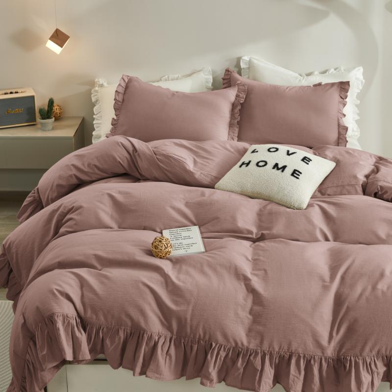 Rose rustic farmhouse ruffled duvet cover in dark grey with elegant ruffle trim, 100% soft cotton fabric, chic bedroom decor.