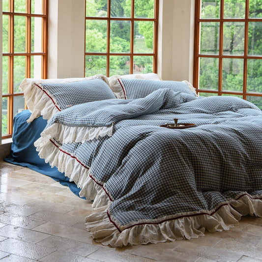 Gingham Check Ruffle Duvet Cover Set - Classic & Comfortable