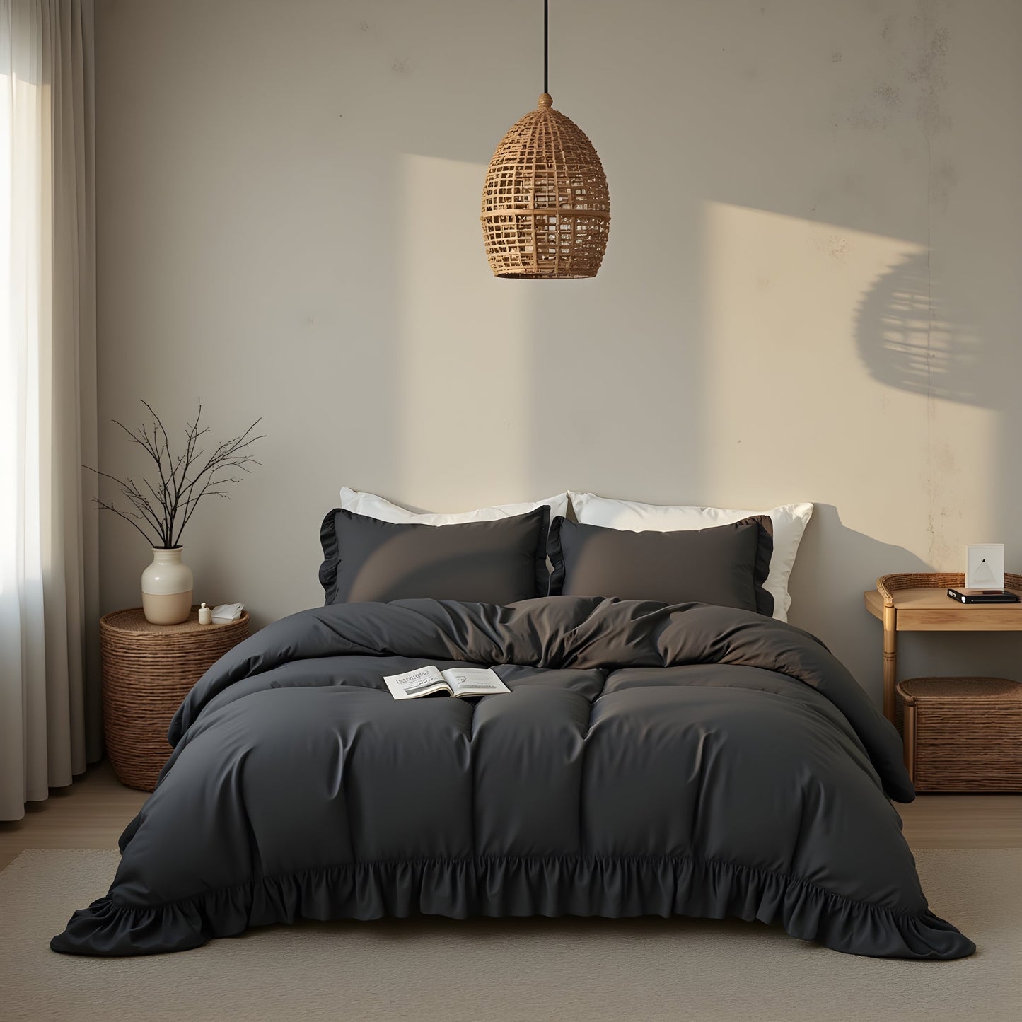 dark grey rustic farmhouse ruffled duvet cover set on bed in cozy minimalist bedroom