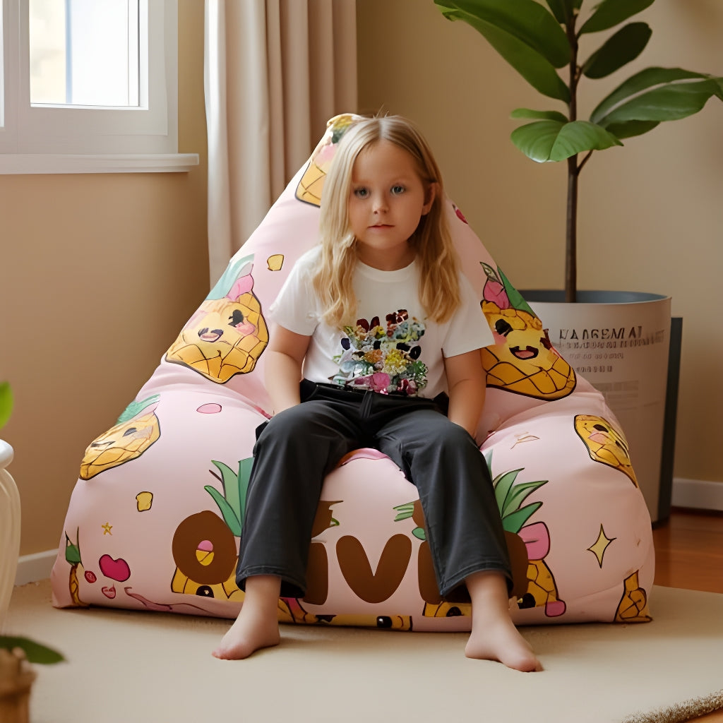 A child sitting on a bean bag chair with a pink background and a design that includes pineapples and other playful elements.